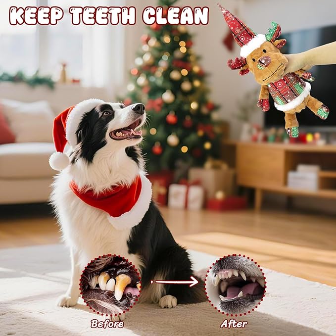 Christmas Dog Toys Squeaky 2-Pack Interactive Puppy Teething Chew Toy Deer Snowman Shape with Crinkle Sound Paper Tail Stuffed,Keep Them Busy, for Large Medium Small Breeds