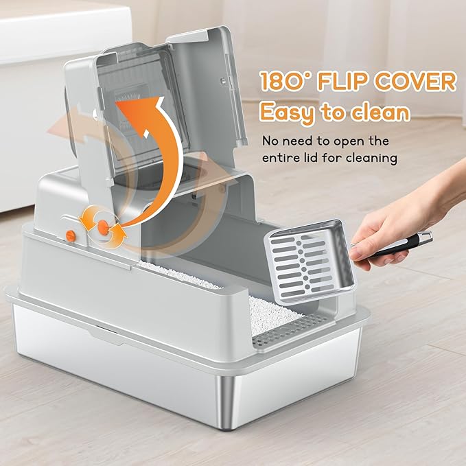 Soulbond XXXL Stainless Steel Litter Box with Lid, Large Covered Metal Cat Litter Box Enclosed for Large and Multi-Cat Families, Easy to Clean