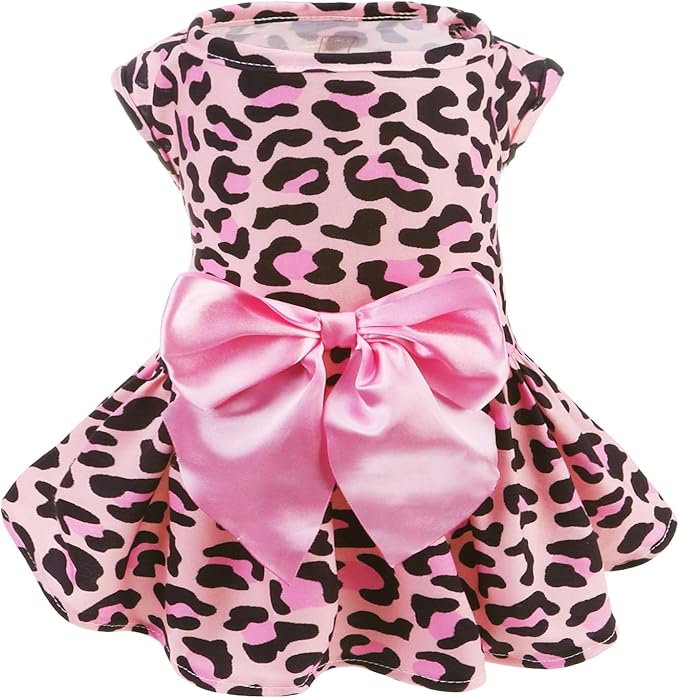 PUPTECK Print Dog Dress Pet Apparel with Cute Bowtie Puppy Clothes Outfit, Leopard Print, L