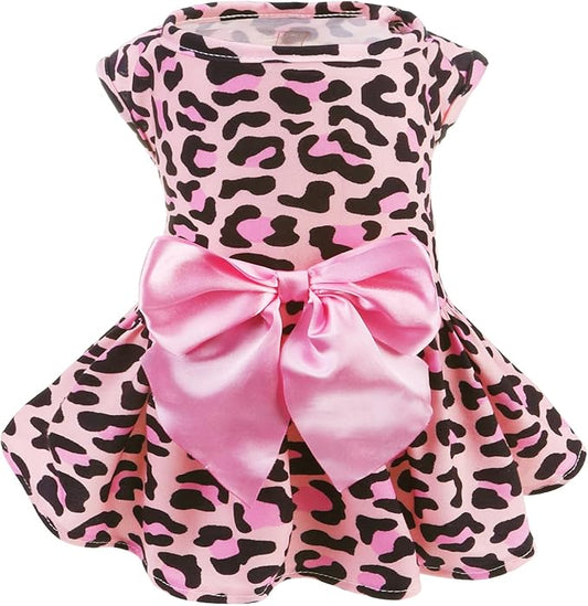 PUPTECK Print Dog Dress Pet Apparel with Cute Bowtie Puppy Clothes Outfit, Leopard Print, L