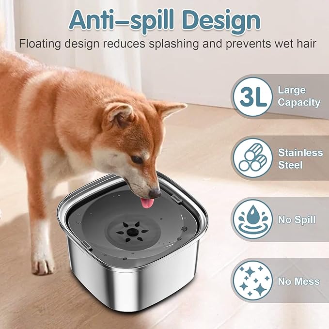 UPSKY 3L Dog Water Bowl No Spill, Splash Proof Dog Bowl Stainless Steel No Mess Slow Drinking Water Bowl, Dark Grey