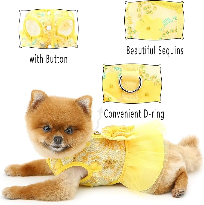 Dog Dress,Luxury Bow Princess Tutu Dresses for Girl Dogs Cute Fashion Mesh Pet Skirt with Sequins Flower Cat Puppy Clothes Wedding Party Outfits Chihuahua Apparel Button up D-Ring,Yellow,L