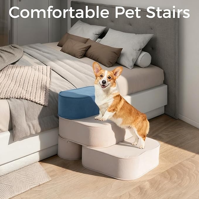 Dog Stairs for High Beds 16" H 3-Step Pet Steps Non-Slip Balanced with Washable Cover and Suitable Durable High Density Foam for Small Dogs Cats or Senior Dogs with Arthritis