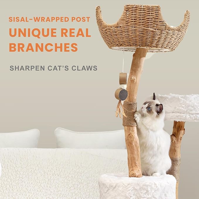 Cat Tree Tower with Two Real Branches, 44 INCH Wood Modern Cat Tower with Luxury Cat Condo, Cat Scratching Post, Jumping Platforms, Cat Furniture (Short Plush)