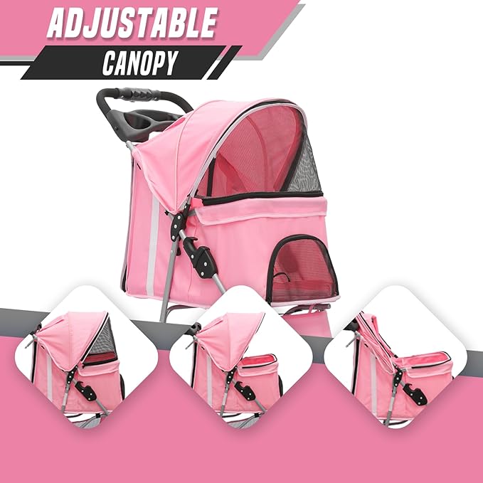Cat Dog Stroller, 3-Wheels for Medium/Puppy Dogs 30 Lbs, Foldable Pets Stroller with Storage Basket and Cup Holder, Breathable Mesh Pink