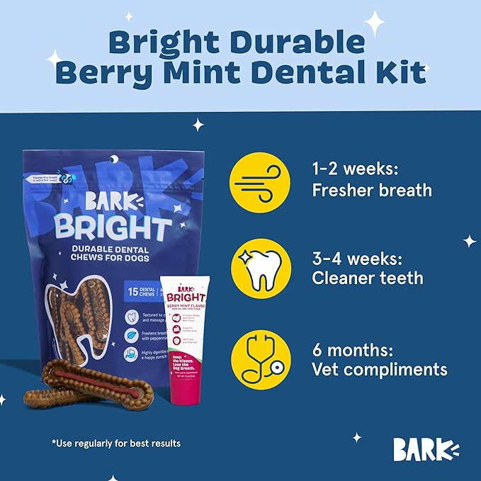 Barkbox Bright Durable Dental Kit, 15 Chew Sticks & Toothpaste - Medium Breeds (Berry Mint Flavored)
