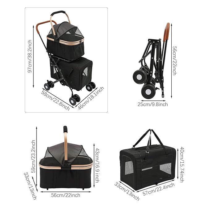 Double Pet Stroller for Small and Medium Dogs with Detachable Carrier,Cat Carriers for 2 Cats with 4 Lockable Heels,Multifunctional Pet Carrier,Black