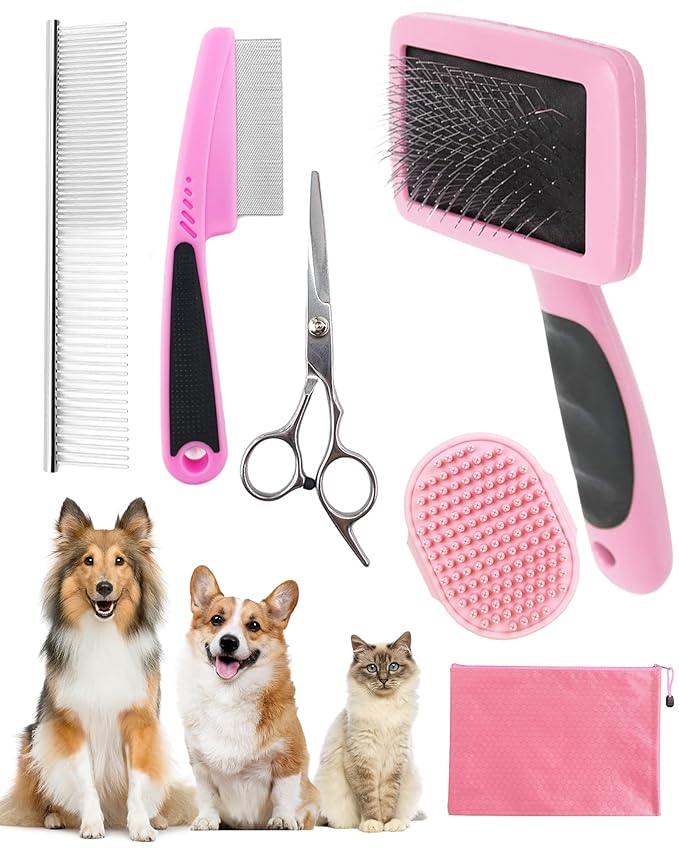 Dog Brush for Shedding Grooming,6 Pack Long-Pin Brush Set for Long Haired Dog Cat Goldendoodles Poodles Doodles Pink