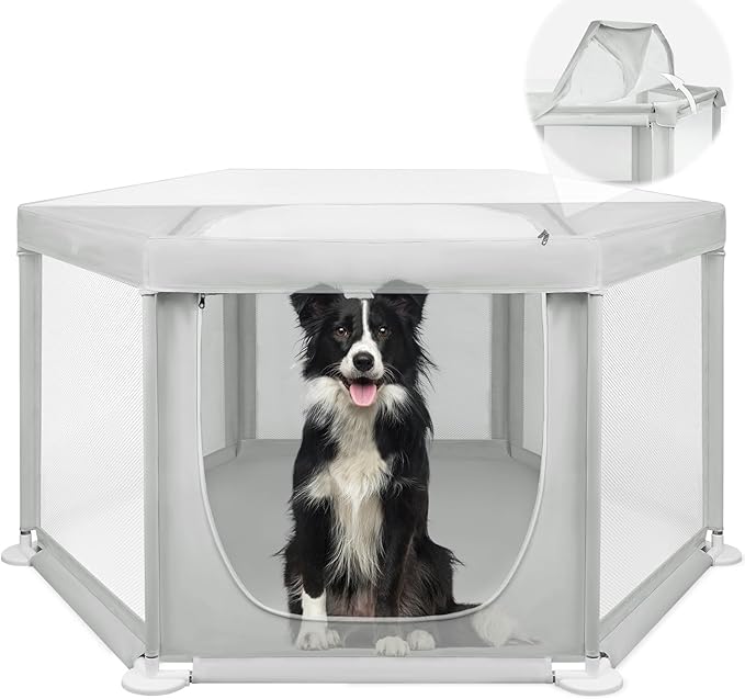 58.3"x58.3"x29.9" Large Dog Playpen Indoor, Extra Tall Puppy Playpen with Removable Roof, Sturdy Fabric Dog Pen for Medium to Large Pets, Spacious Hexagonal Pet Playpen Indoor for Comfort & Security