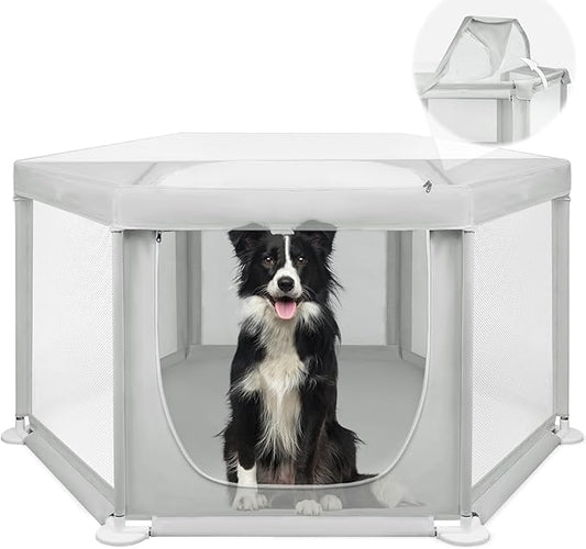 58.3"x58.3"x29.9" Large Dog Playpen Indoor, Extra Tall Puppy Playpen with Removable Roof, Sturdy Fabric Dog Pen for Medium to Large Pets, Spacious Hexagonal Pet Playpen Indoor for Comfort & Security