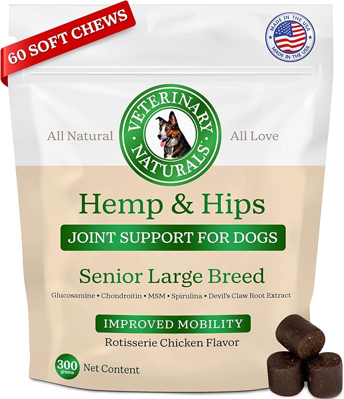 Veterinary Naturals Hemp & HIPS Joint Supplement for Dogs/Supports Relief from Hip and Joint Pain in Large, Aging Dogs (Senior Large Breed, Chicken)