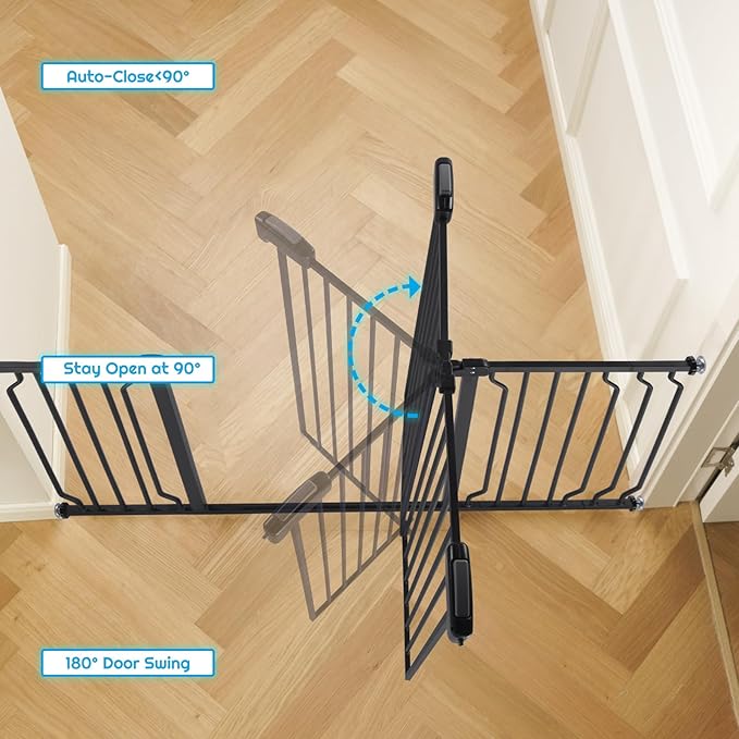 Extra Wide Baby Gate for Stairs Doorways with Door, 30" Tall 47.7-57.1" Wide Easy Install Dog Gate Indoor, Safety Metal Pressure Mounted Pet Gate with Walk-Thru Auto Close for the House, Black