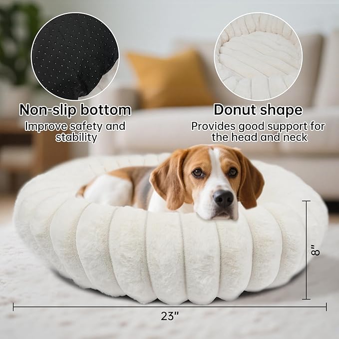 Donut Dog and Cat Bed, Luxurious Comfortable Faux Rabbit Fur Pet Beds, Round Anti-Anxiety Calming Puppy Kitten Bed with Anti-Slip Bottom for Small Medium Dogs & Cats(23", White)
