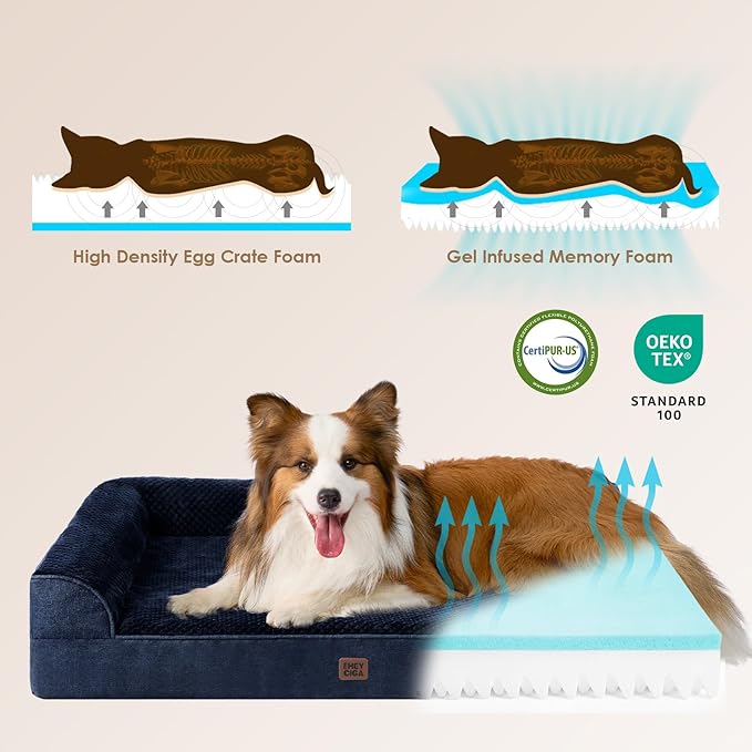 EHEYCIGA Memory Foam Dog Bed Large Sized Dogs, Waterproof Dog Bed Orthopedic with Washable Removable Cover, Non-Slip Pet Bed Couch, 36x27x6 Inches, Navy Blue