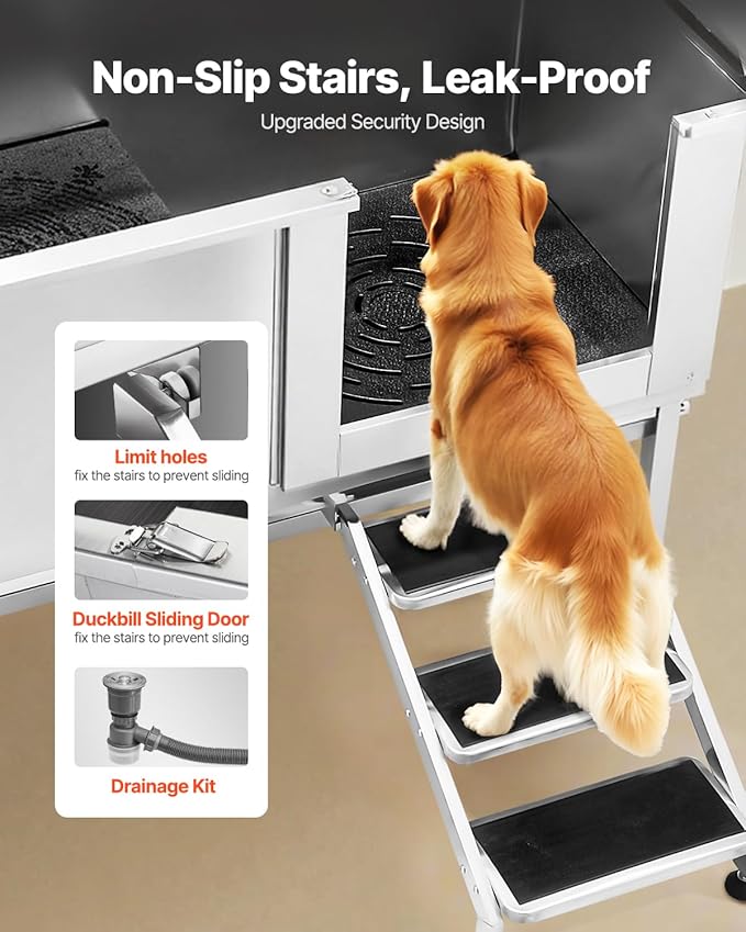 VEVOR Stainless Steel Dog Washing Station, 62 inch Pet Grooming Tub w/Stairs, PE Water Filter Board, Faucet & Showerhead & Soap Holder Dog Bathtub for Large & Medium & Small Pets (Right Door)