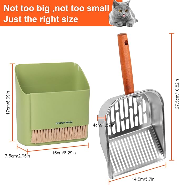 Stainless Steel Cat Litter Scoop with Holder, Kitty Poop Scooper Stand for Litter Box, Fast Sifting Non-Stick Cat Poop Scooper with Coarse and Fine Grids for All Litter Pan, Green