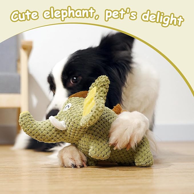 Hollypet Squeaky Plush Stuffed Durable Dog Toys, Cute Puppy Chew Toys for Small, Medium and Large Breed Dogs，Green Elephant