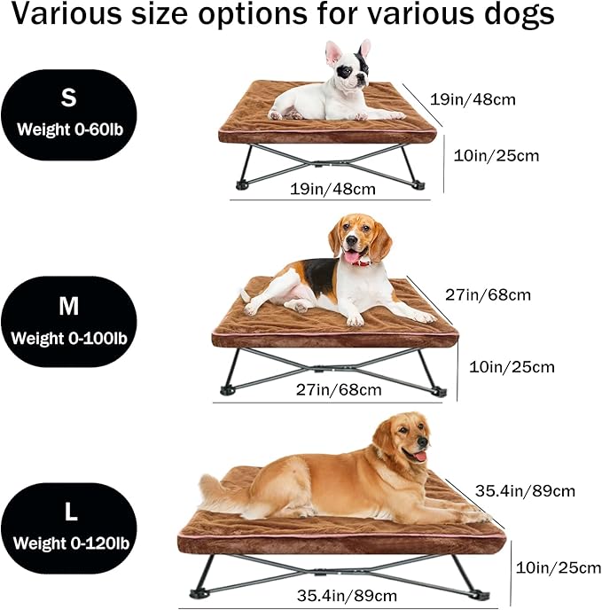 unp Camping Dog Bed Pop up - Small Collapsible Dog Cot 19 x 19 x 10 inch - Outside Dog Bed with Plush Cover & Carrying Bag for French Bulldog, Poodle... (Brown, S)