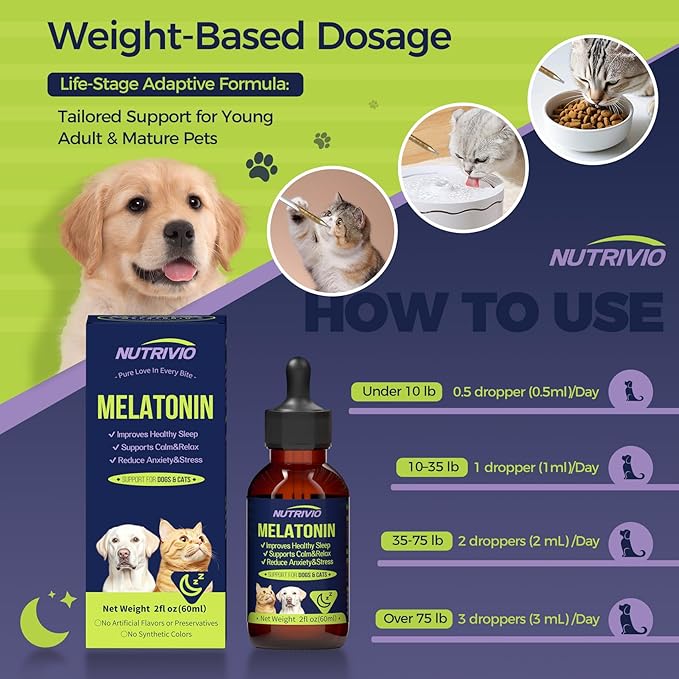 Liquid Melatonin for Dogs Melatonin Drops for Dogs & Cats,Dog Sleep Aid,Calming for Dogs Reduce Cat Stress Restful Sleep Formula with Vitamin B/D/C Bacon Flavor 2 fl oz (60 mL)