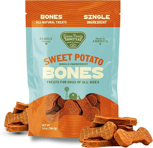Gaines Family Farmstead Sweet Potato Dog Bones – 14 oz Bag, All-Natural, Single Ingredient, Grain-Free Dog Treats for Digestive Health, High Fiber - Training & Rewards, Made in USA