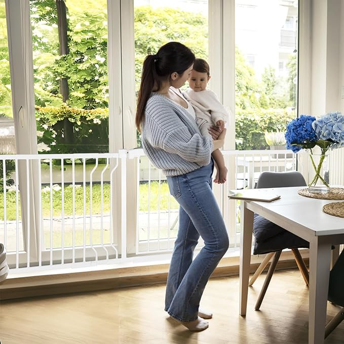 Extra Wide Baby Gate for Stairs Doorways with Door, 30" Tall 75.8-85" Wide Easy Install Dog Gate Indoor, Safety Metal Pressure Mounted Pet Gate with Walk-Thru Auto Close for The House, White