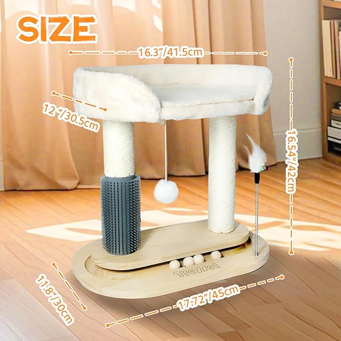 Small Cat Tree Tower, Cat Scratching Post 6-in-1 Cat Tree with Self Groomer Brush, Natural Sisal Scratcher Cute Kitten Scratching Post with Bed, Hanging & Track Toy for Indoor, Beige