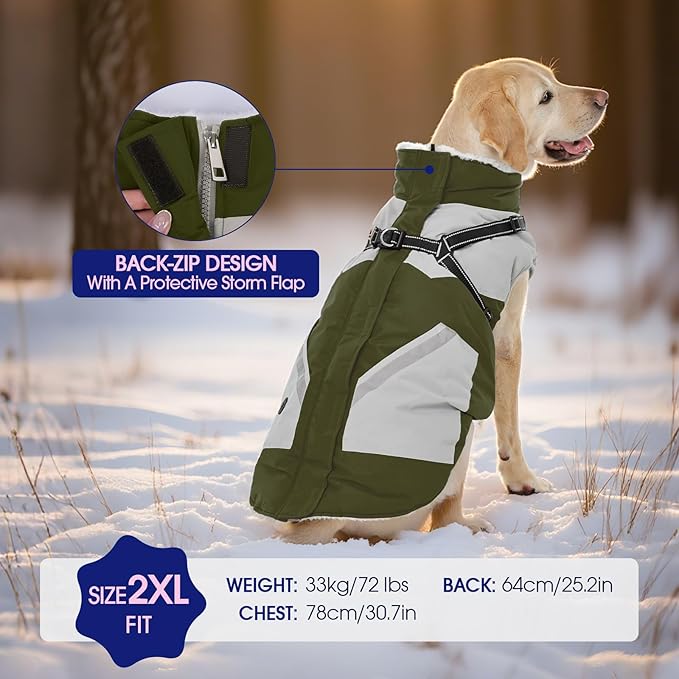 FUAMEY Dog Winter Jackets for Large Dogs,Dog Coat with Harness Built in,Waterproof Dogs Snowsuits Warm Pet Jacket Zip Up Fleece Cold Weather Coats Reflective Puppy Vest with Pocket Green L