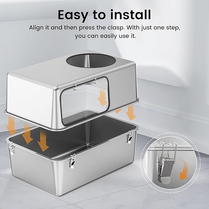 Stainless Steel Litter Box with Lid – Dog Proof, XL Enclosed Metal, High Side, Odor Control, for Big Cats & Multi-Cat Household, Black, Dubble Entry (Top and Side)