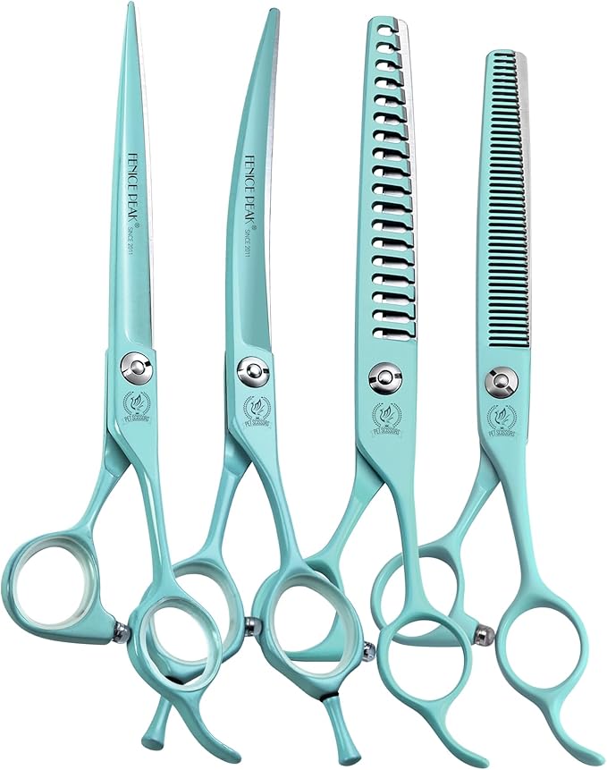 Fenice Peak 7" Professional Dog Grooming Scissors Set, Japanese 440C Stainless Steel Straight Thinning Curved Chunker Shears for Pet Grooming, Trimming Face, Paws, Green