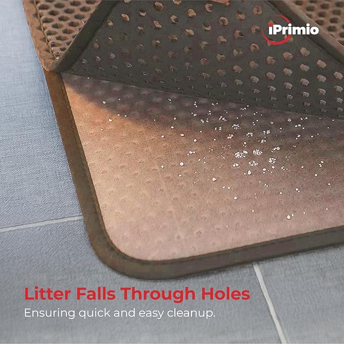 iPrimio Large Cat Litter Trapper Mat w/ Urine/Waterproof Layer - Larger Holes w/ Urine Puppy Pad Option - Cat Litter Mat, Light and Soft (Brown Color)