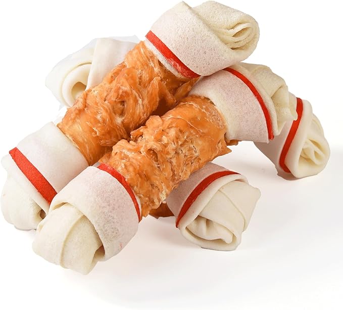 ASMPET Dog Treats Chews, 6.5" Chicken Wrapped Rawhide Knotted Bones Dental Care Chews for Small Medium Large Breeds（4 Pieces）