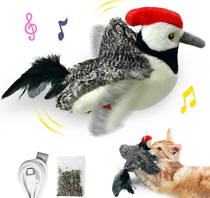 LEWISER Cat Toys, Flapping Wings Cute Woodpecker, No Flying, Chirping Bird Interactive Catnip Toy for Kitten or Small Dogs, Touch Activated, Rechargeable