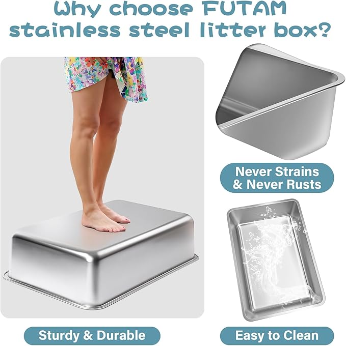Stainless Steel Litter Box, 17.7"x13.8"x6" Medium to Large Metal Litter Box for Kitty/Cat/Rabbits, Easy to Clean, Non Stick Litterbox No Smell for Adult Cats