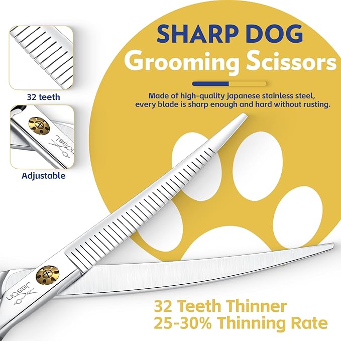 JASON 7" Dog Grooming Scissors - Up-curved Thinning Shears with 25%-30% Thinning Rate, Japanese 440C Stainless Steel Dog Blenders for Grooming with Adjustable Screw (32 Teeth, Silver)