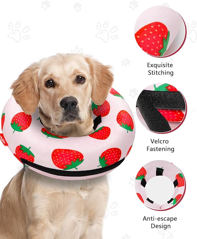 MIDOG Inflatable Dog Cone Alternative for After Surgery - Soft Protective Donut Collar Prevents Licking, Comfortable Recovery E-Collar Alternative for Small Medium Large Dogs (Strawberry,M)