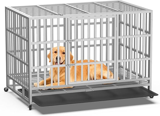 Heavy Duty Indestructible Dog Crate 48 Inch with Removable Tray, Sizes & Colors Optional, Escape Proof Double Door High Anxiety Cage Indoor, Kennel with Wheels for Large Dogs, XL XXL XXL