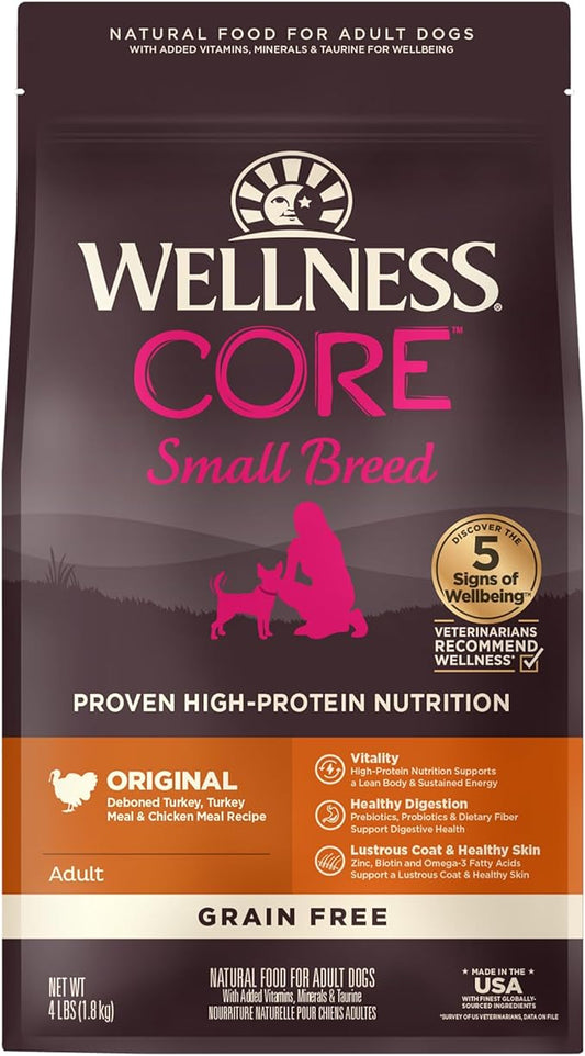 Wellness CORE Grain-Free High-Protein Small Breed Dry Dog Food, Natural Ingredients, Made in USA with Real Meat (Adult, Turkey, 4-Pound Bag)
