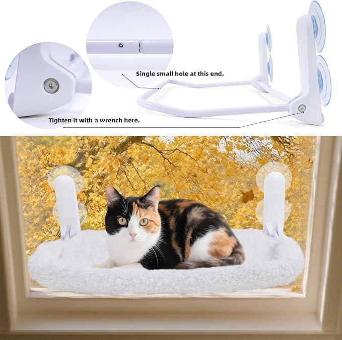 Cat Window Perch, Cordless Foldable Cat Hammock Bed with 4 Suction Cups, Embeded Machine Washable Bed for Indoor Cats, Strong Metal Frame Holds 40lbs (Beige,Cotton Binding)