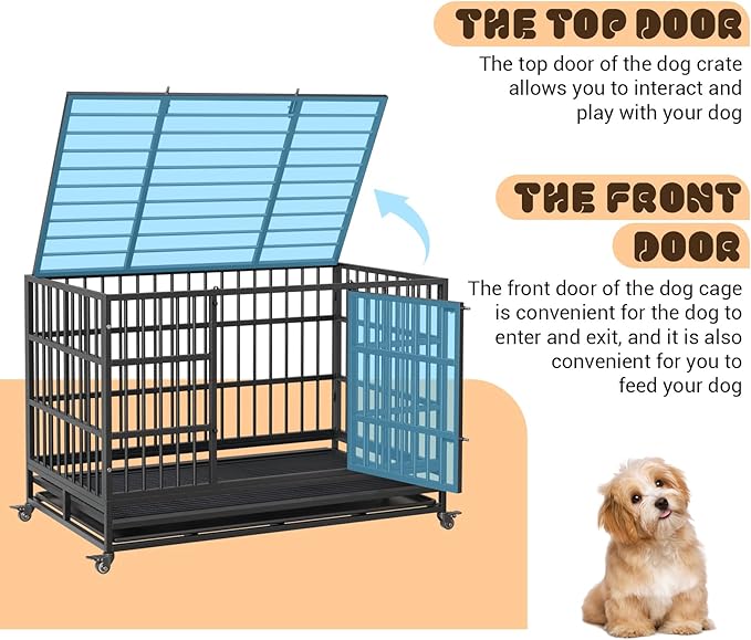 48 in Heavy Duty Dog Crate, Foldable Indoor Dog Cage with Double Door, 360° Lockable Wheels and Removable Tray, Easy to Clean and Assembly，for Small Medium Large Dogs