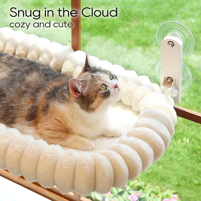 Zakkart SnugCloud Foldable Cat Window Perch - Cordless, Ultra Soft Machine Washable Bed with 4-Sided Bolster, Metal Frame - Window Hammock for Large Cats and Kittens (Cream White, Medium)