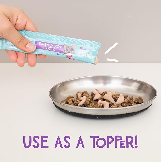LOVE, NALA - Natural Lickable Cat Squeeze Up Treat,Topper - Tuna & Salmon Mousse - Wet Food Cat Puree - Grain Free, Non-GMO, Minerals, Vitamins - 4 Pack 2 oz.