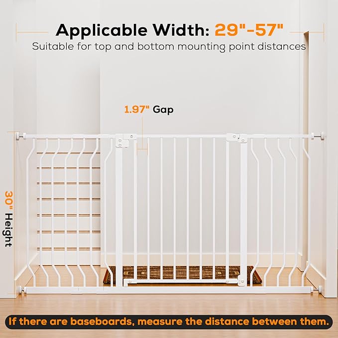 29-57" Baby Gate for Stairs, Baby Safety Essentials, Auto Close Gate for Doorways, Easy Install Pressure Mounted Dog Gate Indoor, Pet Gates for Dogs, White