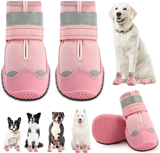 Dog Shoes for Large Dogs, Medium Dog Boots & Paw Protectors for Hardwood Floors, Outdoor Dog Booties for Hot Pavement Winter Snow Hiking, Waterproof Dog Shoes with Reflective Strips Size 4
