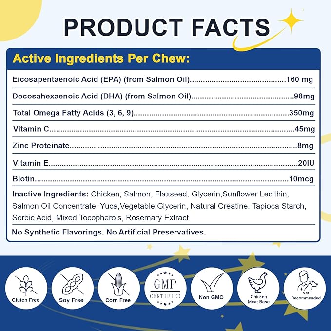 Omega 3 for Dogs, Salmon Fish Oil for Dogs Skin and Coat Chew with Omega 3 6 9 (EPA+DHA), ZINC, BIOTIN and Vitamin E & C for Dog Hot Spot Treatment, Itchy Skin Relief, 120ct Chicken Flavored