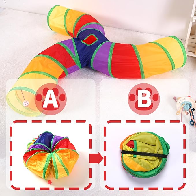 Pet Cat Tunnel, 3 Way Tunnels for Indoor Cats, Collapsible Pet Tunnel for Kitten, Puppy, Rabbit, 25cm-Wide Tunnels, Durable & Breathable, with Peek Hole Toy Ball