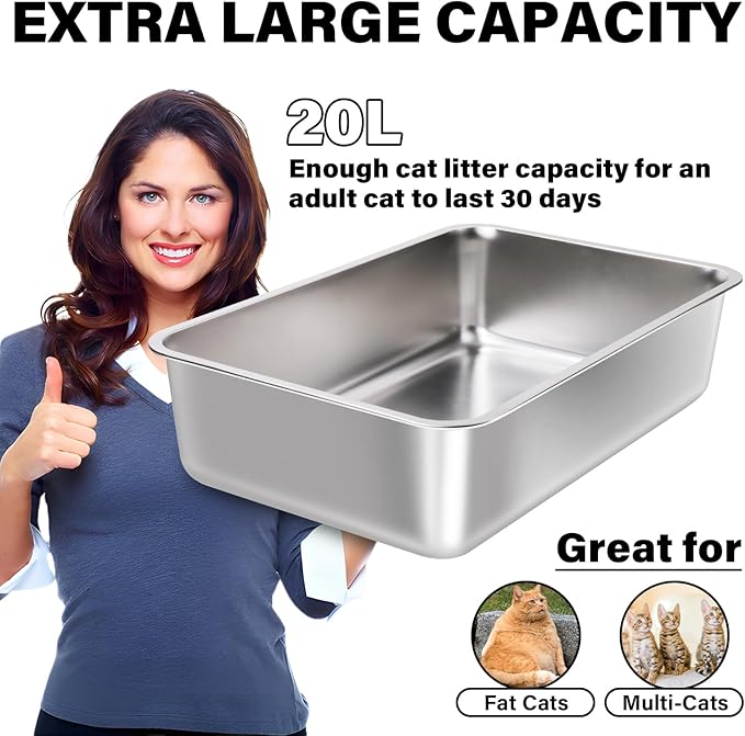 XL Stainless Steel Litter Box 2 Pack, 23.6"x15.8"x6"(Height) Extra Large Stainless Steel cat Litterbox High Sides, Non Stick No Smell Easy Clean Metal Litter Boxes for Big/Fat Cats