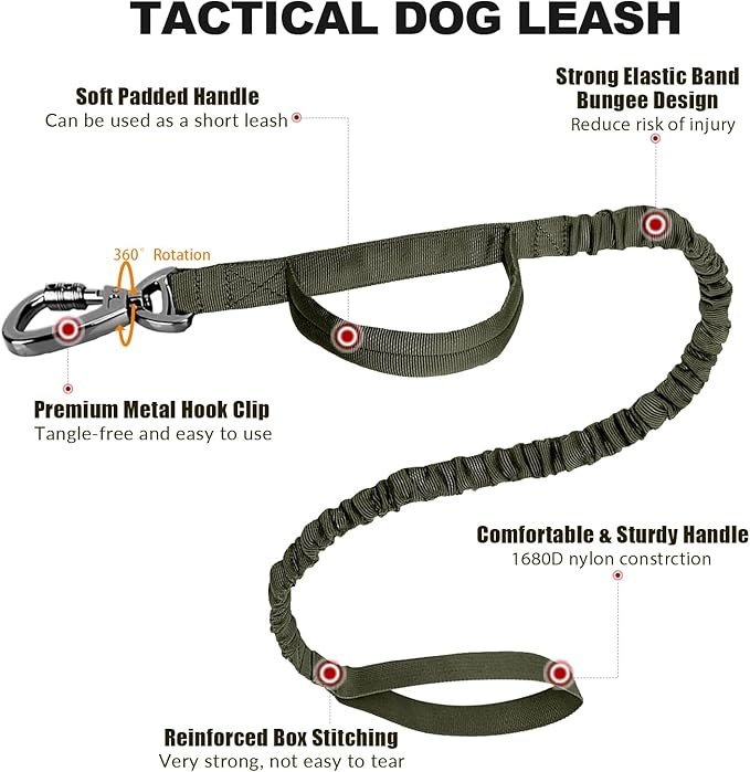 Tactical Dog Collar and Bungee Leash, Camo Military Dog Collar & Leash Set with USA American Flag Adjustable K9 Collar with Heavy Duty Metal Buckle & Handle,with Patches and Airtags Case (M, Green)
