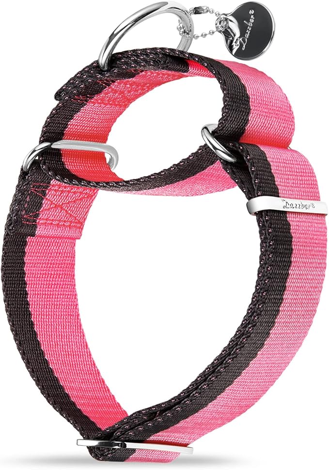 Martingale Collar 1.5 Inch Wide 1200D Extra Strong Nylon Dog Collar, No Pull Heavy Duty Dog Collar with 2-Color Stripe for Medium to XLarge Dogs (Extra Large, Baby Pink & Grey)