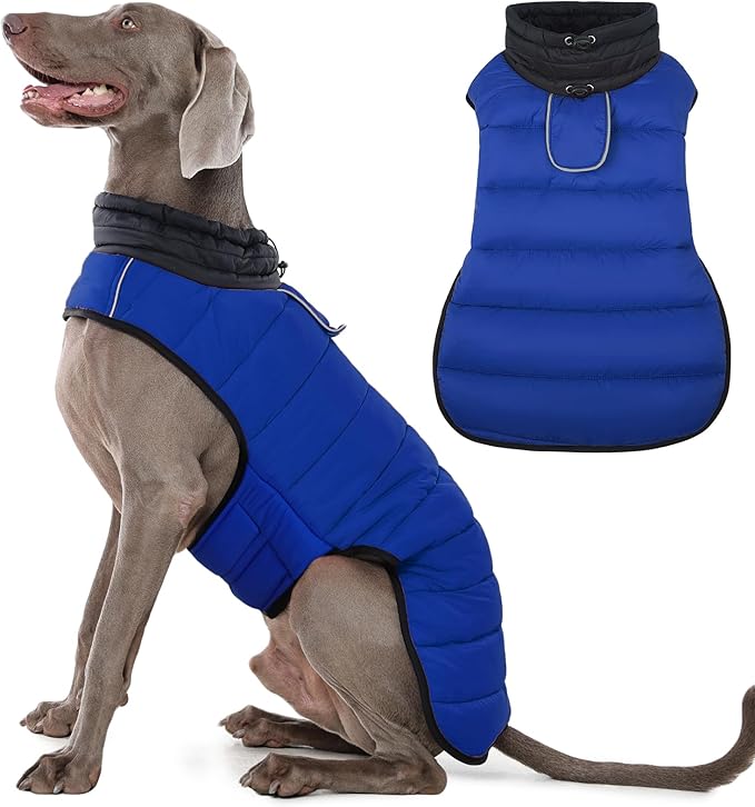 IDOMIK Waterproof Dog Winter Coat, Reflective Warm Dog Puffer Jacket with Harness Hole, Adjustable Lightweight Snow Jacket with Turtleneck, Pet Cold Weather Coats for Large Dogs,Blue,3XL
