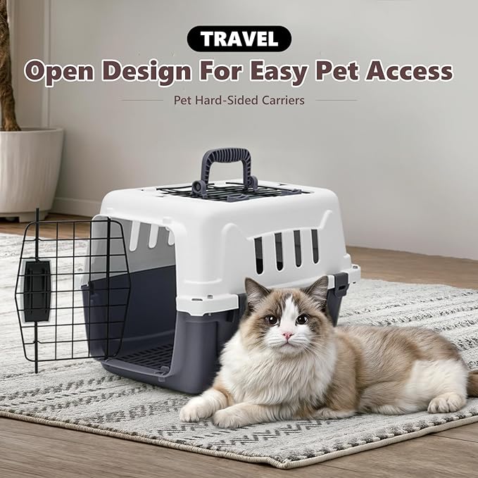 Athena Collection 18" Hard-Sided Travel Pet Carrier for Small Dogs and Cats, Plastic Dog Crate with 2-Door Top & Front Load & Ventilation & Security Lock, Cat Dog Carrier for Pet, up to 10lbs, Grey